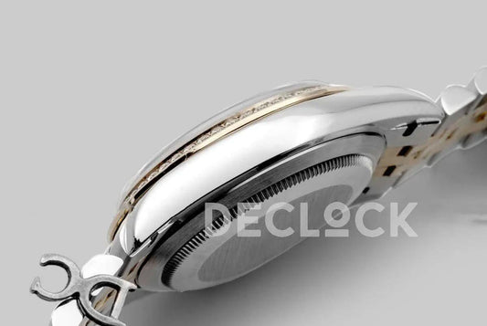 Replica Rolex Datejust 36 126283RBR Champagne Dial in Yellow Gold and Steel with Diamond Set Bezel and Diamond Markers |  Declock.
