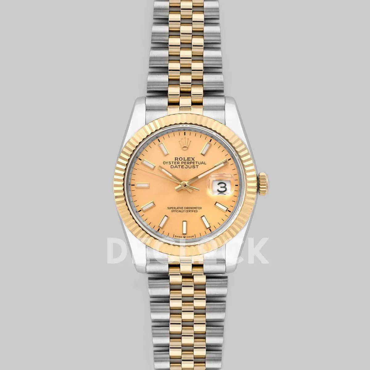 Replica Rolex Datejust 36 126283RBR Champagne Dial in Yellow Gold and Steel with Stick Markers