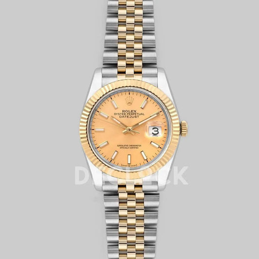 Replica Rolex Datejust 36 126283RBR Champagne Dial in Yellow Gold and Steel with Stick Markers | Declock.