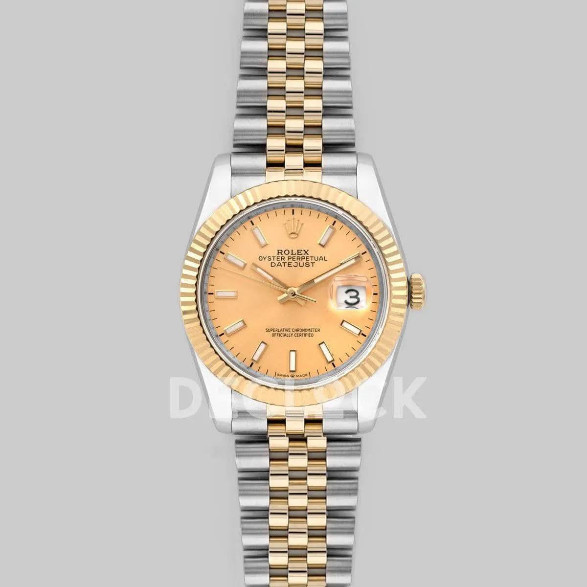 Replica Rolex Datejust 36 126283RBR Champagne Dial in Yellow Gold and Steel with Stick Markers |  Declock.