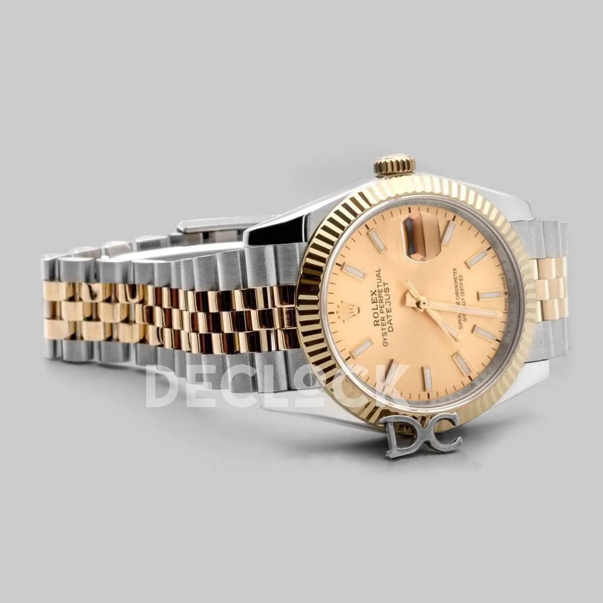 Replica Rolex Datejust 36 126283RBR Champagne Dial in Yellow Gold and Steel with Stick Markers |  Declock.