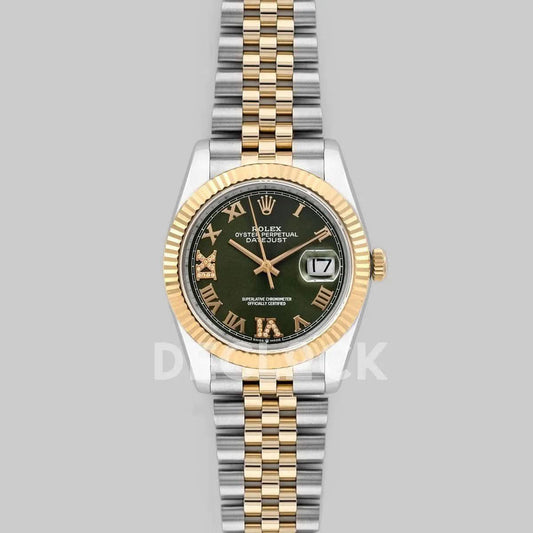 Replica Rolex Datejust 36 126283RBR Olive Green Dial in Yellow Gold and Steel with Diamond Roman Numerals Markers |  Declock.