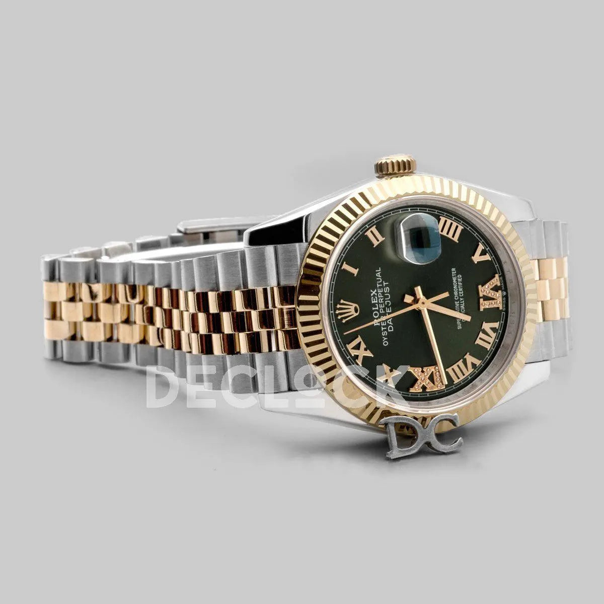 Replica Rolex Datejust 36 126283RBR Olive Green Dial in Yellow Gold and Steel with Diamond Roman Numerals Markers - Replica Watches