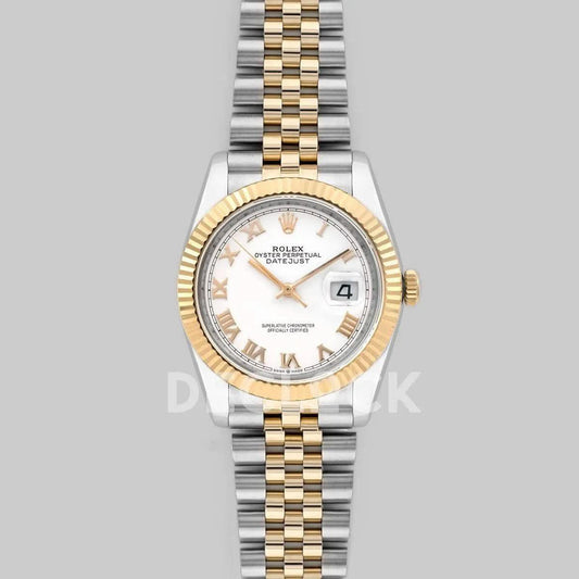 Replica Rolex Datejust 36 126283RBR White Dial in Yellow Gold and Steel with Roman Numerals Markers |  Declock.