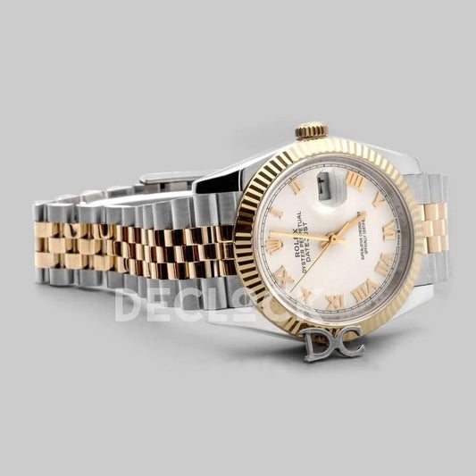 Replica Rolex Datejust 36 126283RBR White Dial in Yellow Gold and Steel with Roman Numerals Markers |  Declock.