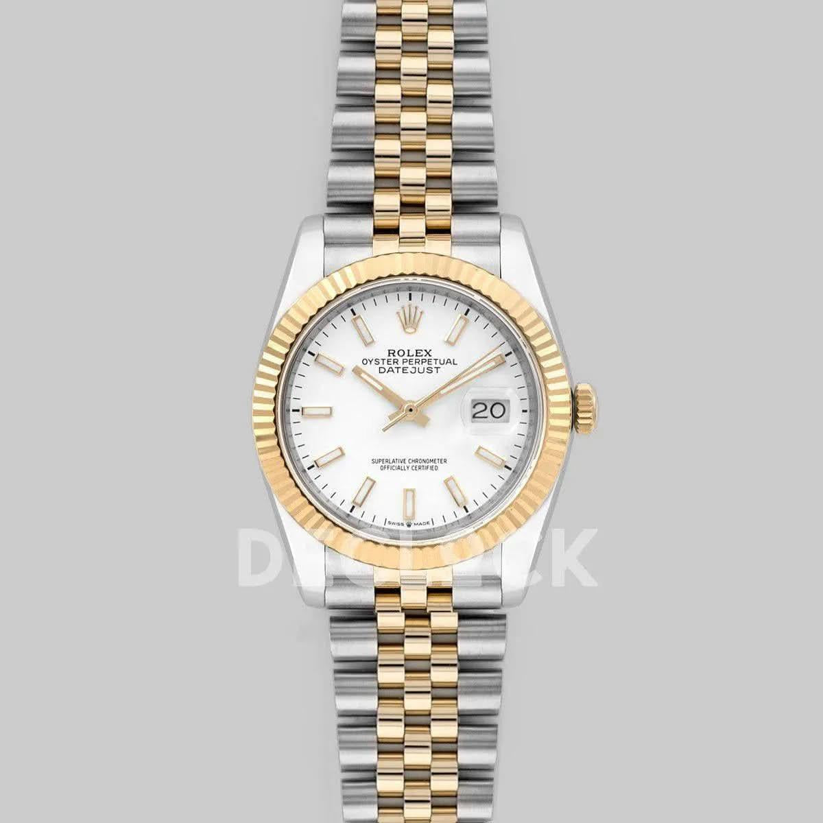 Replica Rolex Datejust 36 126283RBR White Dial in Yellow Gold and Steel with Stick Markers |  Declock.