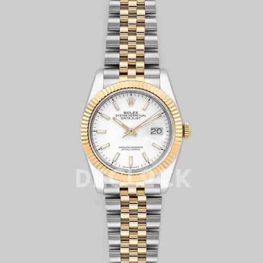Replica Rolex Datejust 36 126283RBR White Dial in Yellow Gold and Steel with Stick Markers |  Declock.