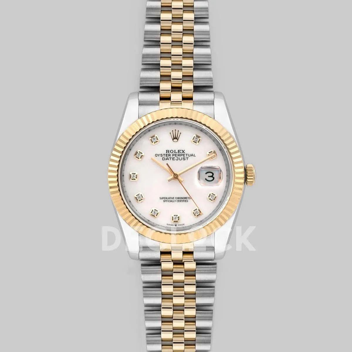 Replica Rolex Datejust 36 126283RBR White MOP Dial in Yellow Gold and Steel with Diamond Markers |  Declock.