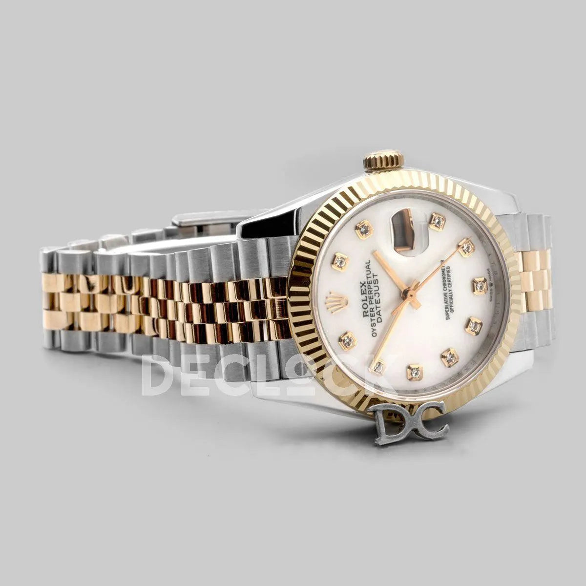 Replica Rolex Datejust 36 126283RBR White MOP Dial in Yellow Gold and Steel with Diamond Markers