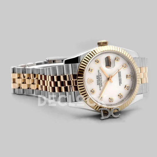 Replica Rolex Datejust 36 126283RBR White MOP Dial in Yellow Gold and Steel with Diamond Markers | Declock.