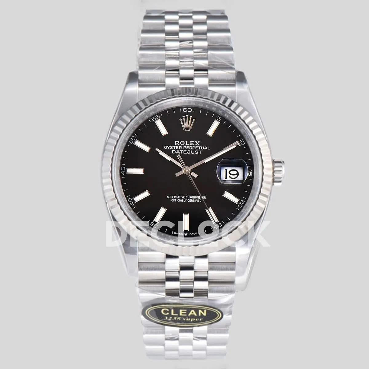 Replica Rolex Datejust 36/41 126334 Bright Black Dial Stick Markers on Jubilee Bracelet |  Declock.