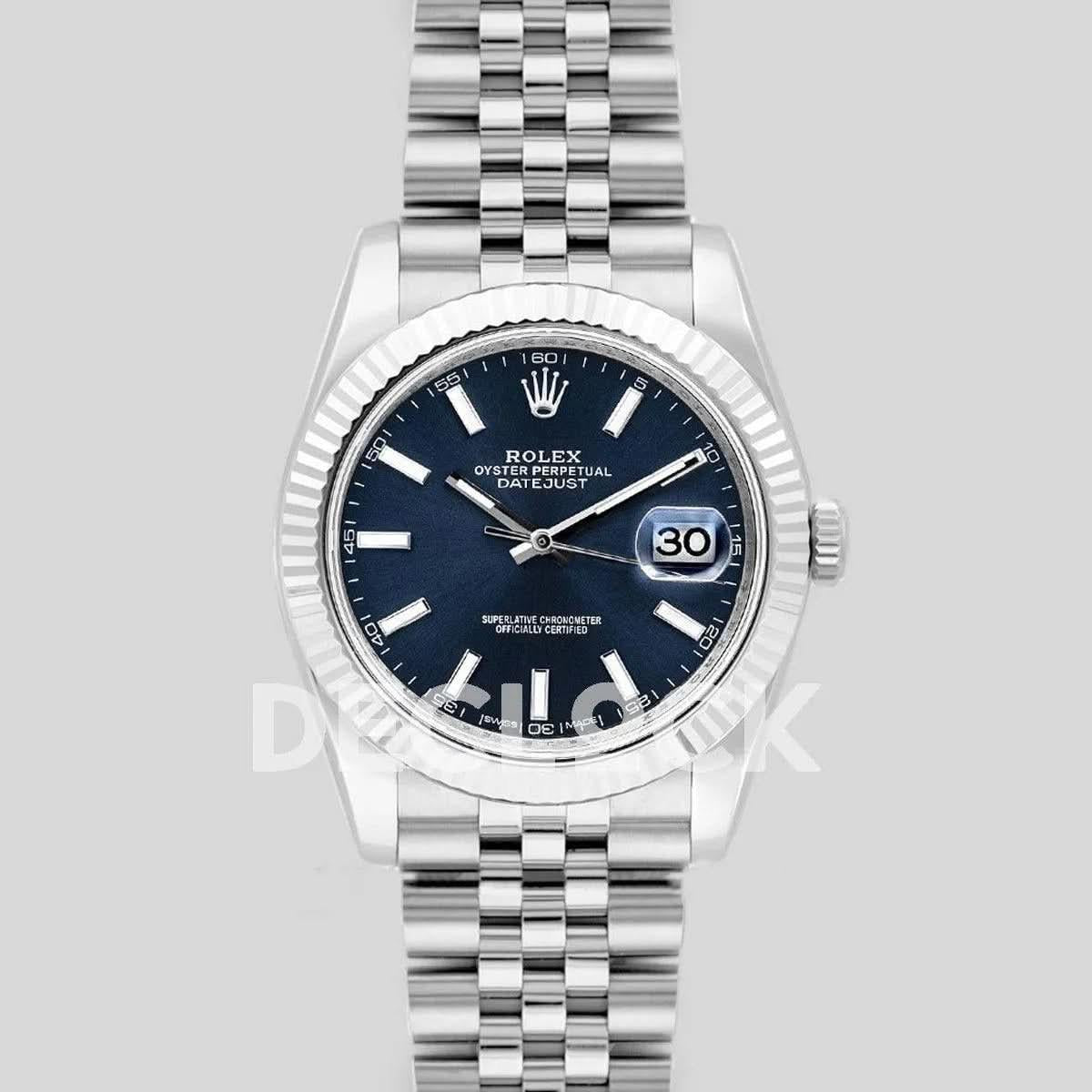 Replica Rolex Datejust 41 126334 Blue Dial Stick Markers in White Gold |  Declock.
