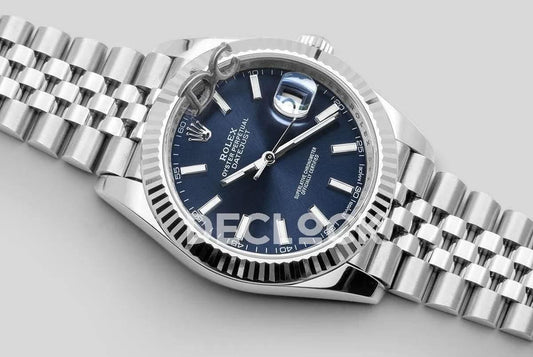 Replica Rolex Datejust 41 126334 Blue Dial Stick Markers in White Gold | Declock.