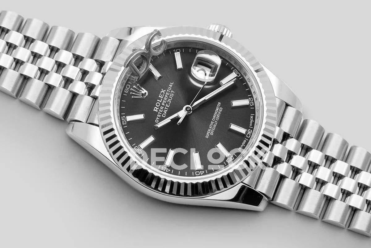 Replica Rolex Datejust 41 126334 Grey Dial Stick Markers in White Gold |  Declock.