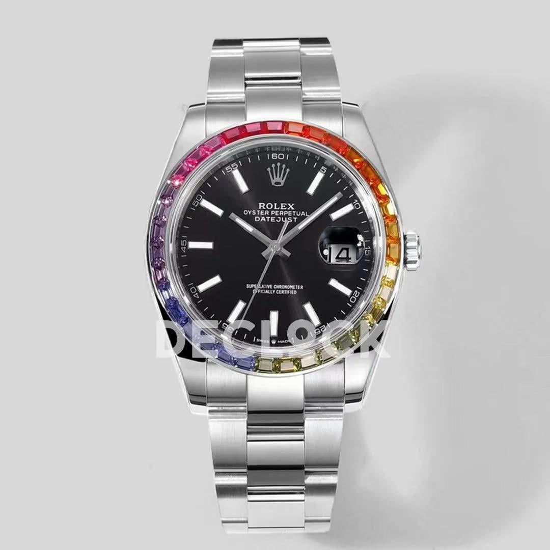 Replica Rolex Datejust 41 Black Dial Rainbow Bezel |  Declock.