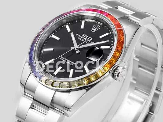 Replica Rolex Datejust 41 Black Dial Rainbow Bezel |  Declock.