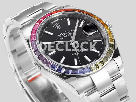 Replica Rolex Datejust 41 Black Dial Rainbow Bezel |  Declock.