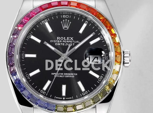 Replica Rolex Datejust 41 Black Dial Rainbow Bezel |  Declock.