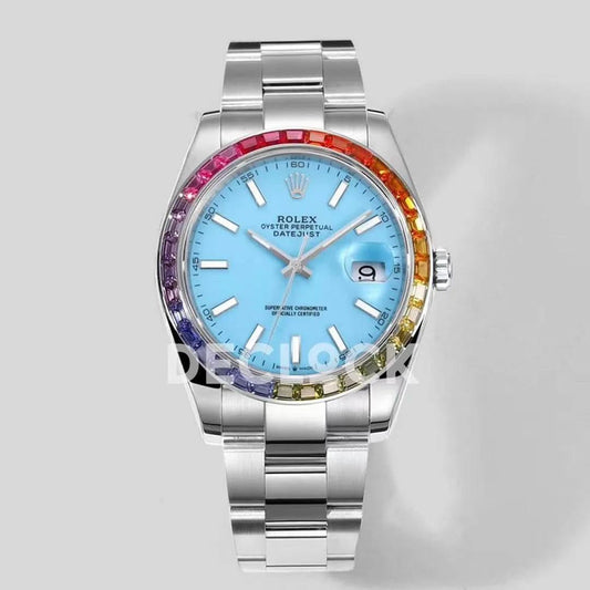 Replica Rolex Datejust 41 Light Blue Dial Rainbow Bezel | Declock.