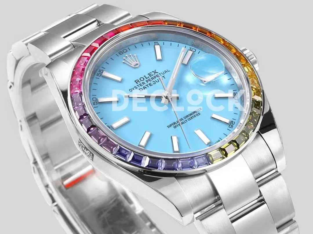 Replica Rolex Datejust 41 Light Blue Dial Rainbow Bezel