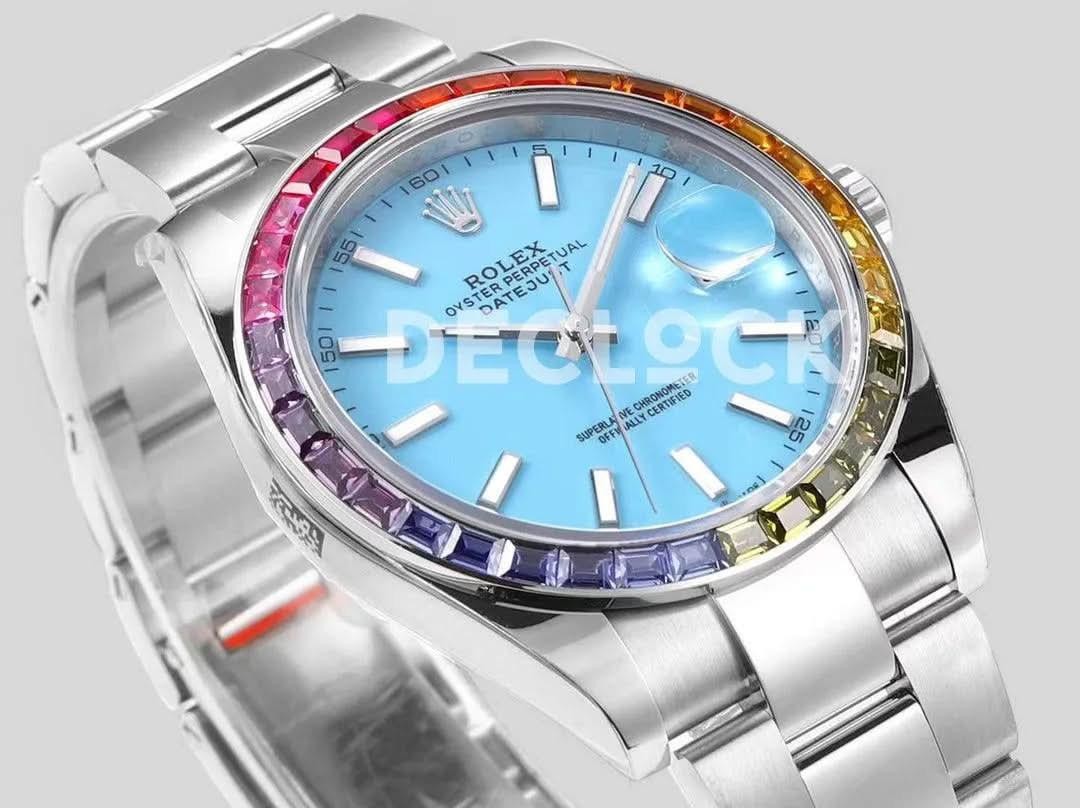 Replica Rolex Datejust 41 Light Blue Dial Rainbow Bezel |  Declock.