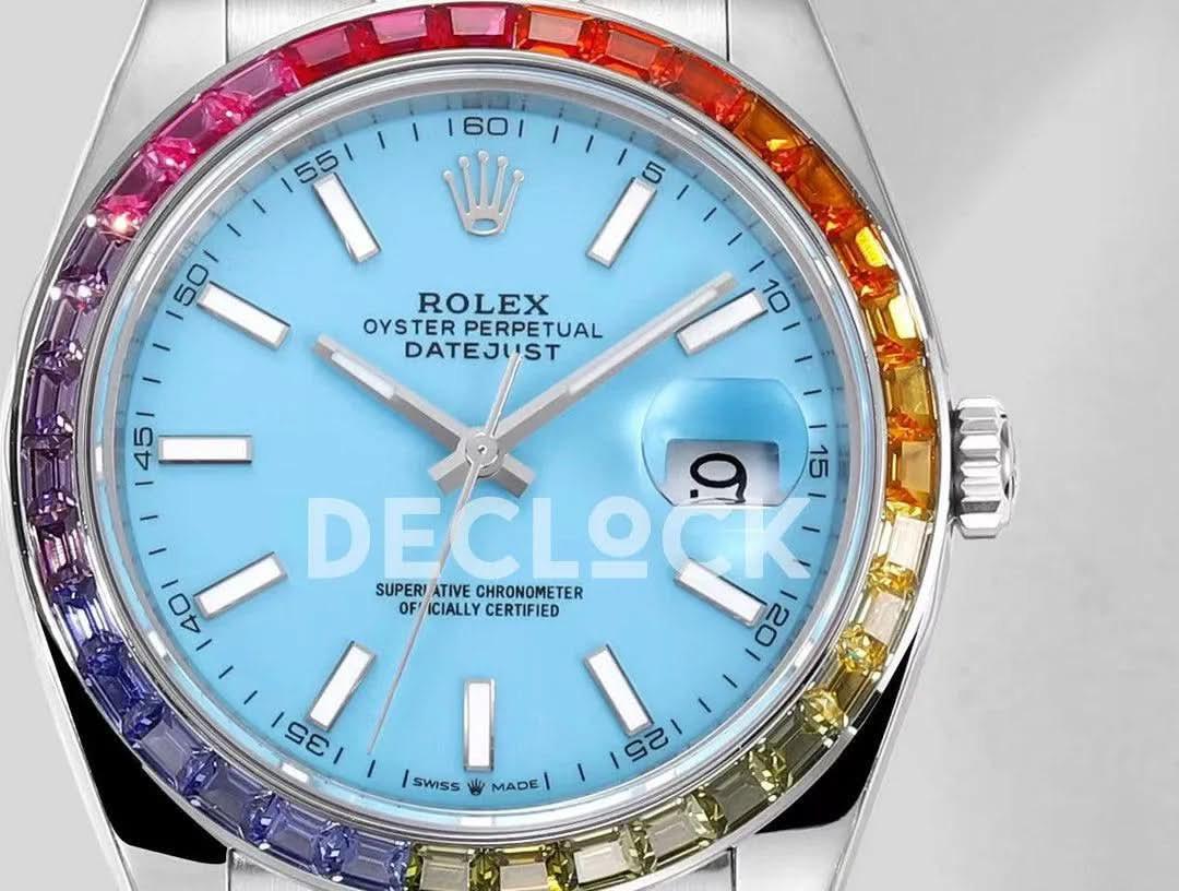 Replica Rolex Datejust 41 Light Blue Dial Rainbow Bezel |  Declock.
