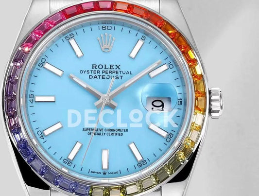 Replica Rolex Datejust 41 Light Blue Dial Rainbow Bezel |  Declock.