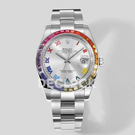 Replica Rolex Datejust 41 Silver Dial Rainbow Bezel | Declock.