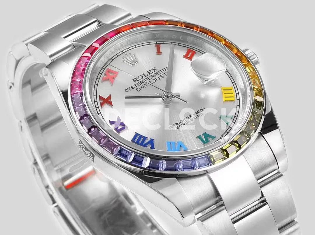 Replica Rolex Datejust 41 Silver Dial Rainbow Bezel |  Declock.