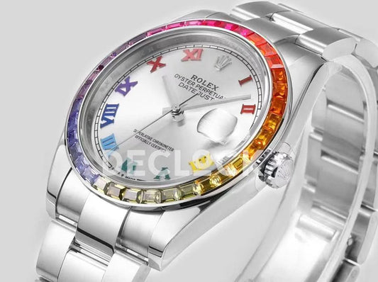 Replica Rolex Datejust 41 Silver Dial Rainbow Bezel | Declock.