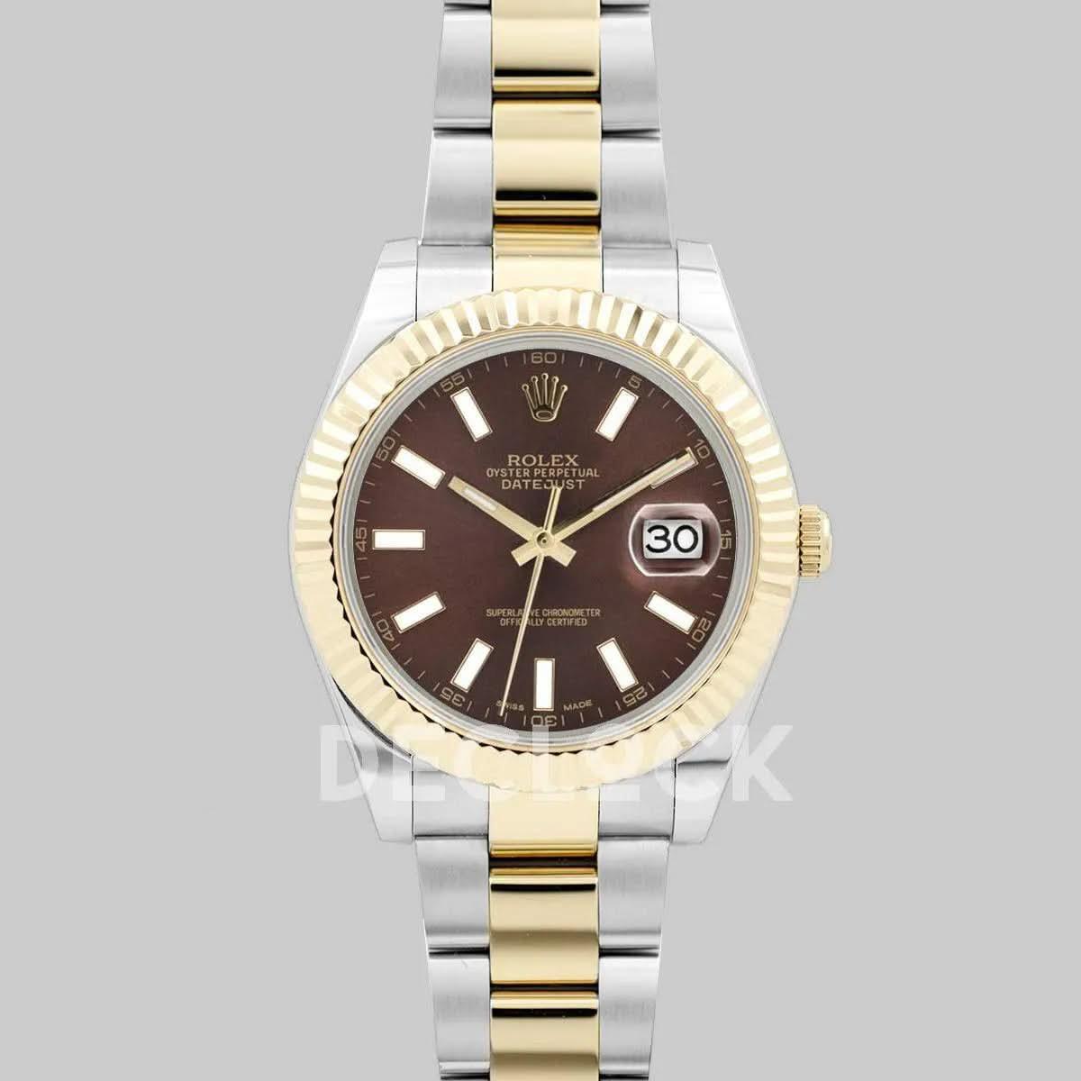 Replica Rolex Datejust II 36/41 116233 Brown Dial in Yellow Gold/Steel with Stick Markers |  Declock.
