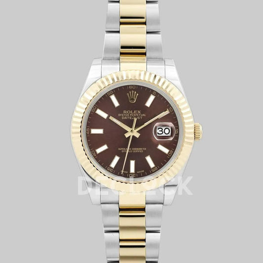 Replica Rolex Datejust II 36/41 116233 Brown Dial in Yellow Gold/Steel with Stick Markers | Declock.