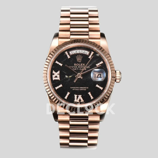 Replica Rolex Day-Date 36 128235 Eisenkiesel (Quartz Stone) Diamond Roman Dial in Everose Gold |  Declock.