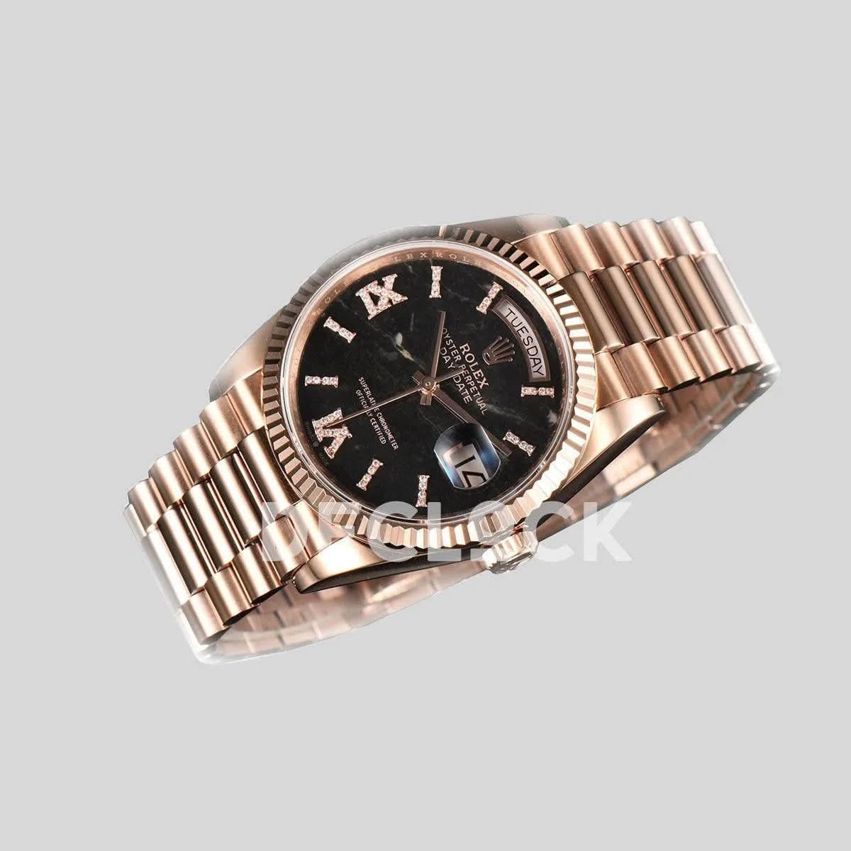 Replica Rolex Day-Date 36 128235 Eisenkiesel (Quartz Stone) Diamond Roman Dial in Everose Gold |  Declock.