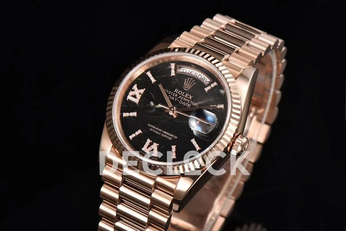 Replica Rolex Day-Date 36 128235 Eisenkiesel (Quartz Stone) Diamond Roman Dial in Everose Gold |  Declock.