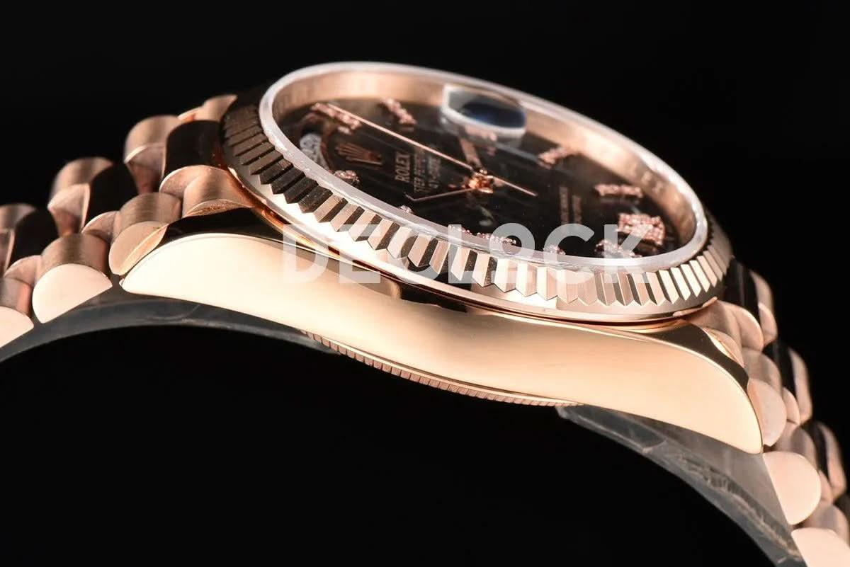 Replica Rolex Day-Date 36 128235 Eisenkiesel (Quartz Stone) Diamond Roman Dial in Everose Gold |  Declock.