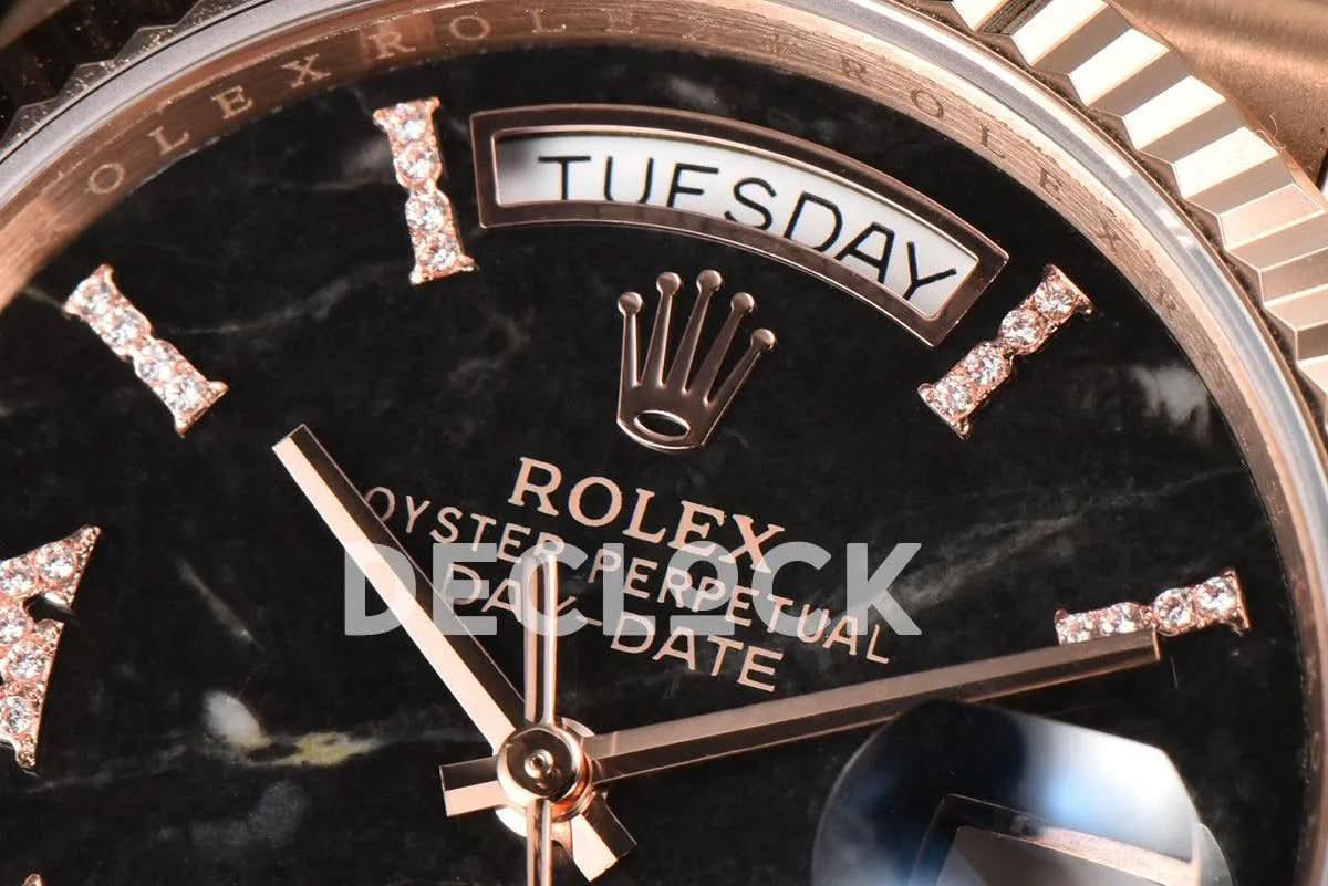 Replica Rolex Day-Date 36 128235 Eisenkiesel (Quartz Stone) Diamond Roman Dial in Everose Gold |  Declock.