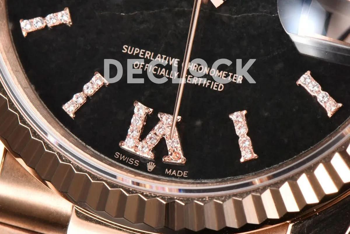 Replica Rolex Day-Date 36 128235 Eisenkiesel (Quartz Stone) Diamond Roman Dial in Everose Gold |  Declock.