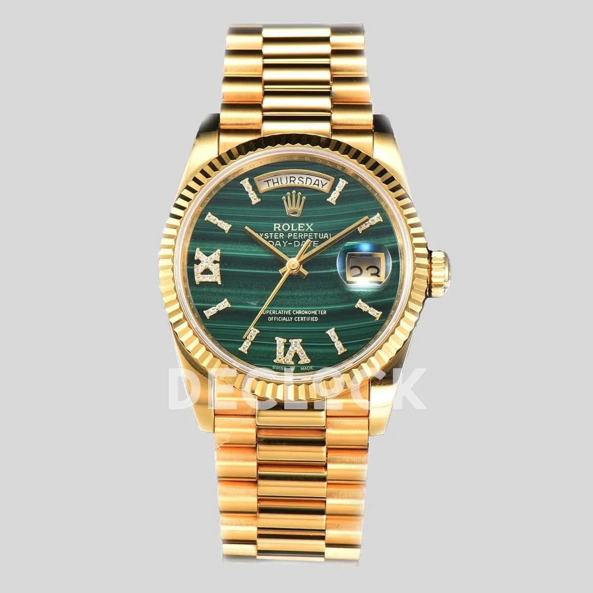 Replica Rolex Day-Date 36 128238 Malachite Diamond Roman Dial in Yellow Gold |  Declock.