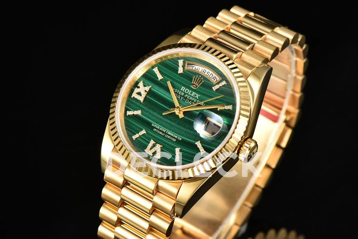 Replica Rolex Day-Date 36 128238 Malachite Diamond Roman Dial in Yellow Gold