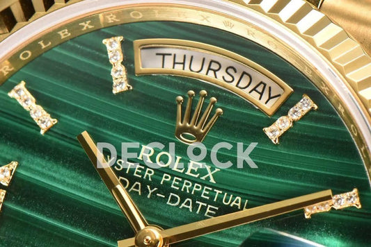 Replica Rolex Day-Date 36 128238 Malachite Diamond Roman Dial in Yellow Gold |  Declock.