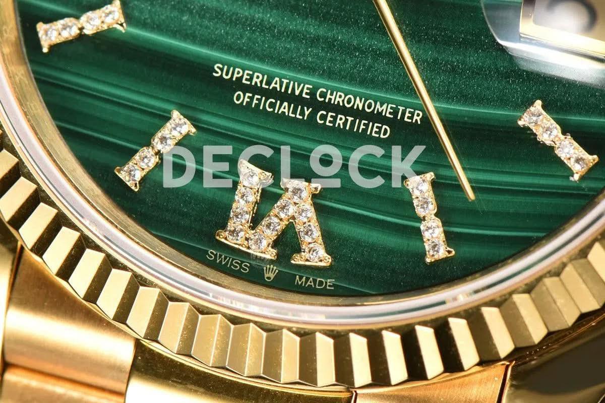 Replica Rolex Day-Date 36 128238 Malachite Diamond Roman Dial in Yellow Gold |  Declock.