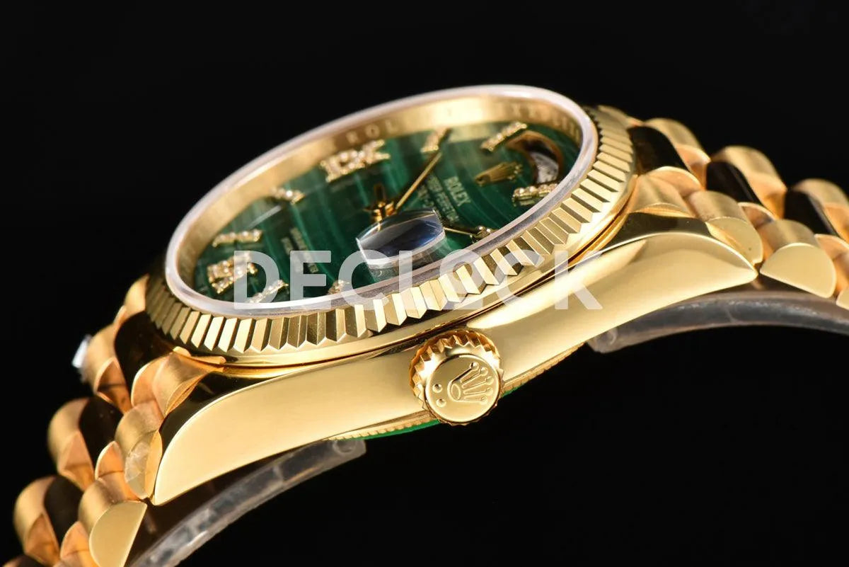 Replica Rolex Day-Date 36 128238 Malachite Diamond Roman Dial in Yellow Gold