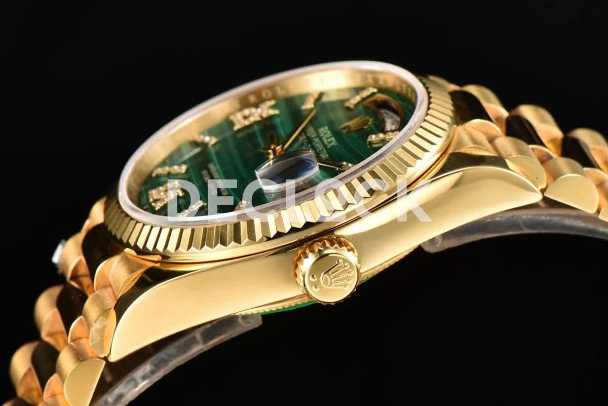 Replica Rolex Day-Date 36 128238 Malachite Diamond Roman Dial in Yellow Gold |  Declock.