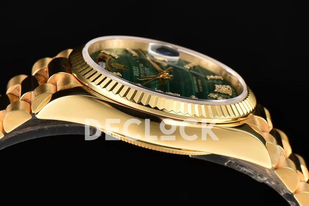 Replica Rolex Day-Date 36 128238 Malachite Diamond Roman Dial in Yellow Gold |  Declock.
