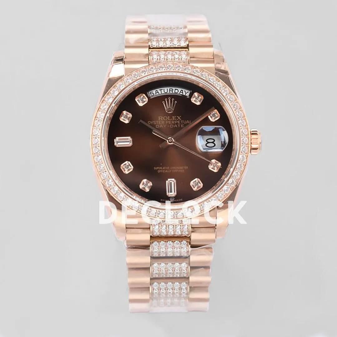 Replica Rolex Day-Date 36 128345RBR Brown Dial with Diamond Bezel in Everose Gold |  Declock.