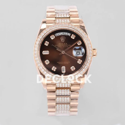 Replica Rolex Day-Date 36 128345RBR Brown Dial with Diamond Bezel in Everose Gold | Declock.