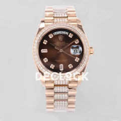 Replica Rolex Day-Date 36 128345RBR Brown Dial with Diamond Bezel in Everose Gold