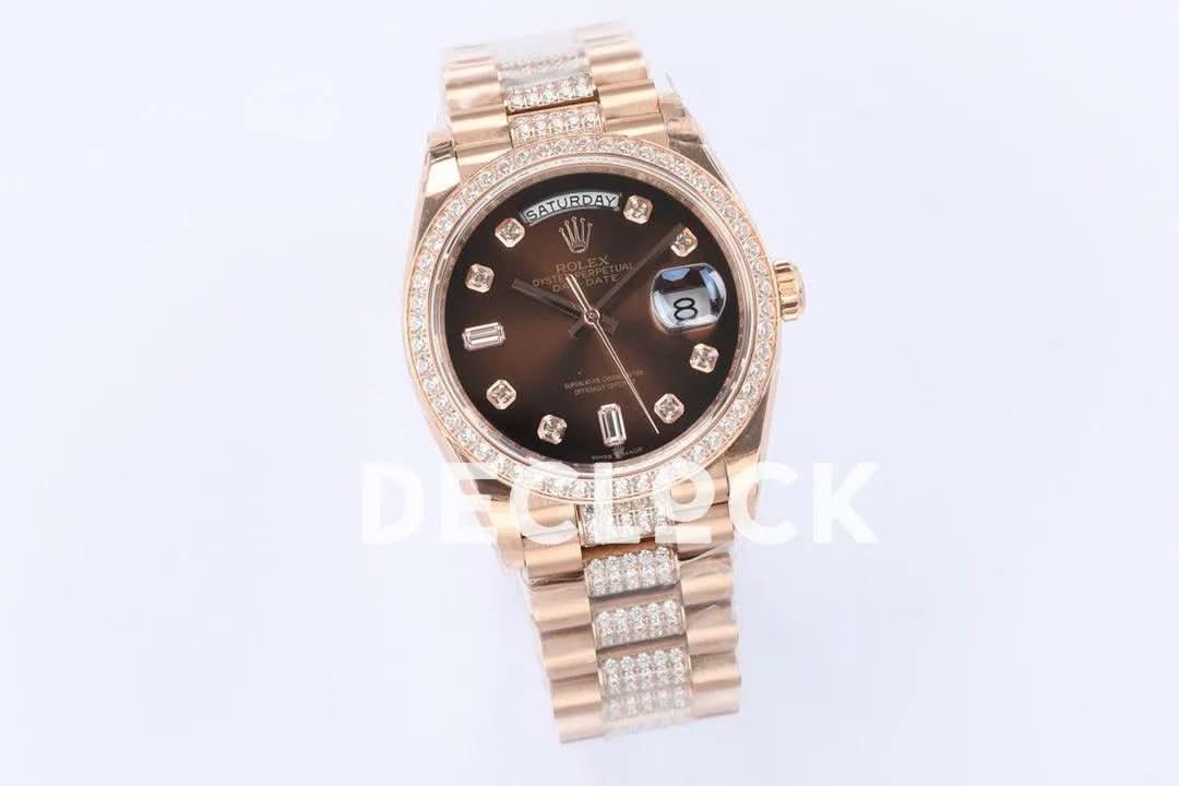 Replica Rolex Day-Date 36 128345RBR Brown Dial with Diamond Bezel in Everose Gold |  Declock.