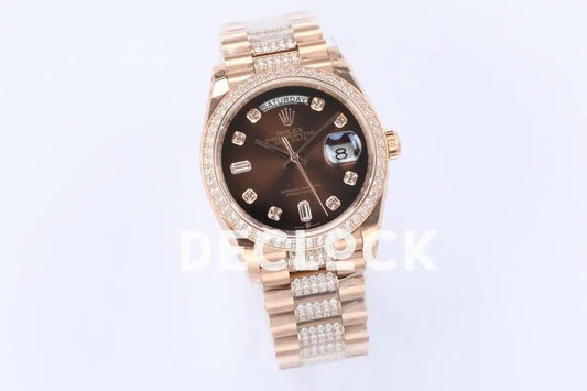 Replica Rolex Day-Date 36 128345RBR Brown Dial with Diamond Bezel in Everose Gold | Declock.